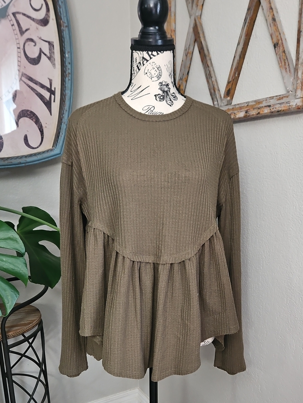 Women's Olive Peplum Long-Sleeve Top